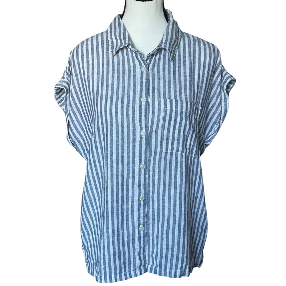 Orvis Blue & White Striped Linen Blend Button Down Preppy Nautical Shirt Small